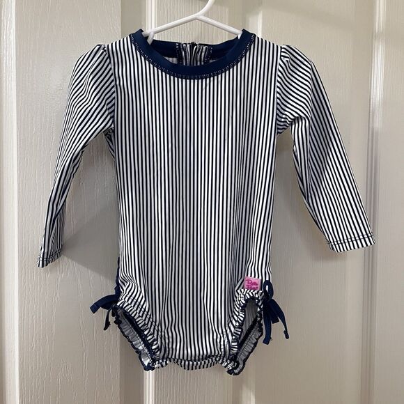 RuffleButts Navy Blue Striped One Piece Rash Guard Swimsuit Size 18-24 Months - Picture 1 of 15